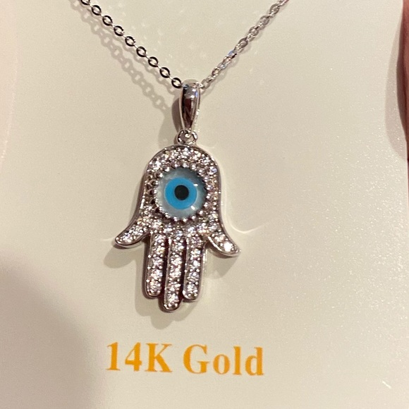 14K White Gold Evil Eye Hand Hamsa Necklace 18”